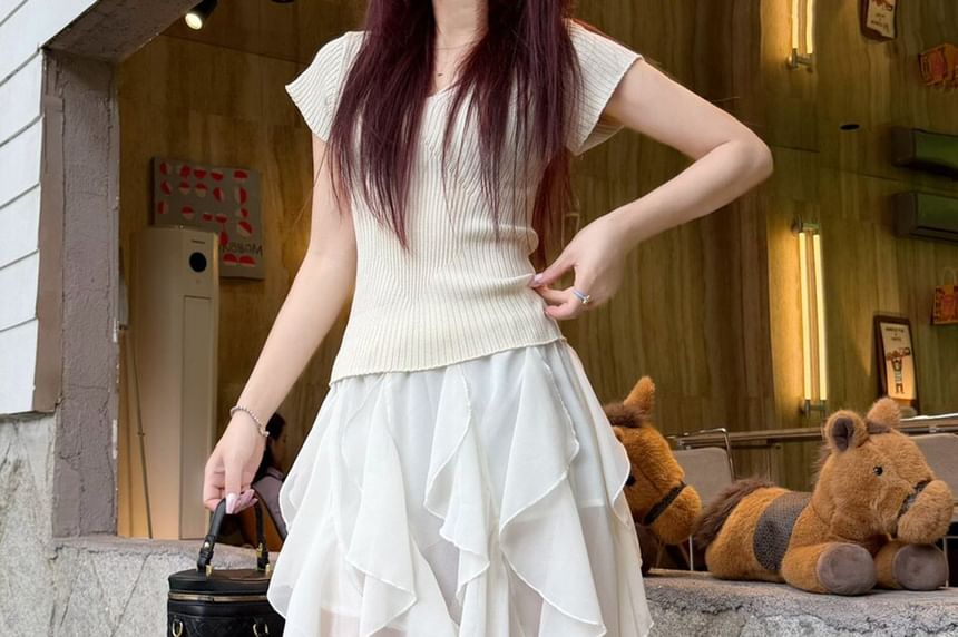 Elastic Waist Plain Asymmetrical Ruffle Mini A-Line Skirt