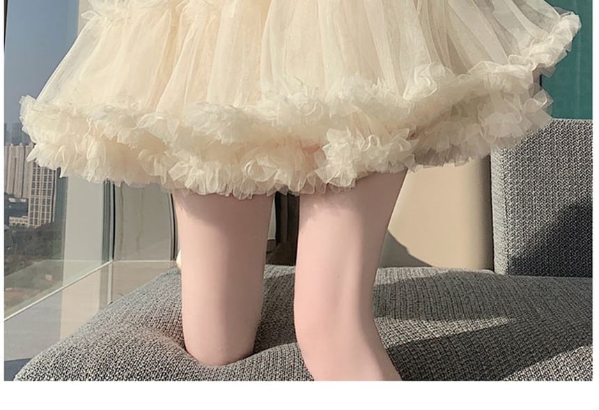 High Waist Plain Ruffle Tiered Mesh Mini A-Line Skirt