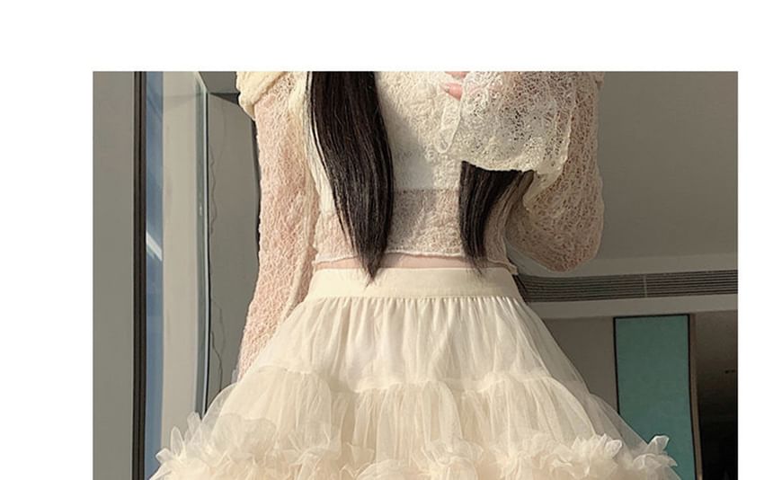 High Waist Plain Ruffle Tiered Mesh Mini A-Line Skirt