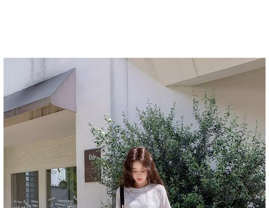 Short Sleeve Round Neck Plain Asymmetrical Long Lace Top / High Waist Plaid Panel Lace Maxi A-Line Skirt
