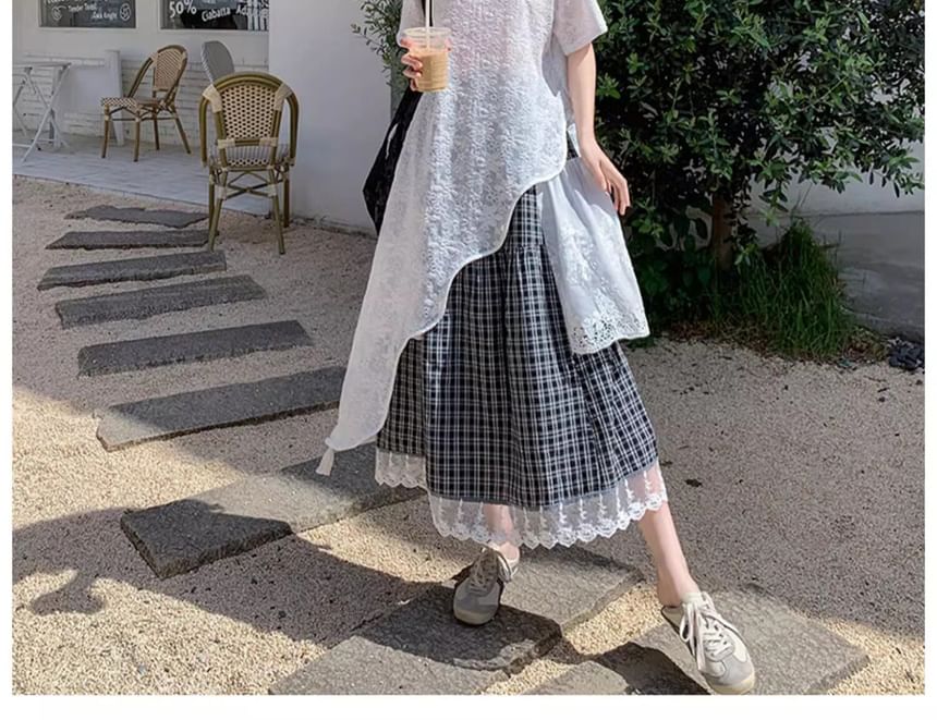 Short Sleeve Round Neck Plain Asymmetrical Long Lace Top / High Waist Plaid Panel Lace Maxi A-Line Skirt