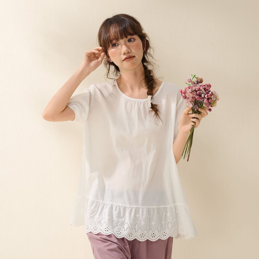 Round Neck Eyelet Trim Blouse with Short Sleeves