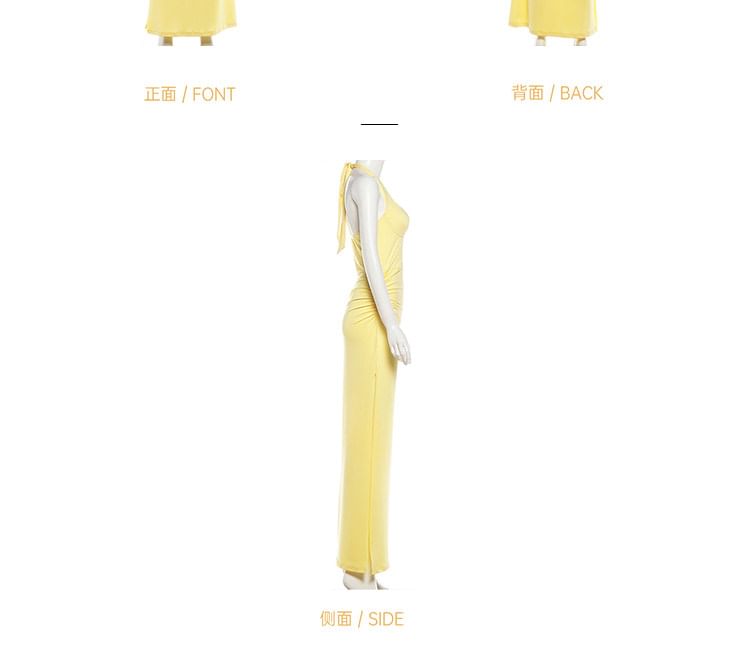 Halter V-Neck Plain Ruched Open Back Maxi Bodycon Dress