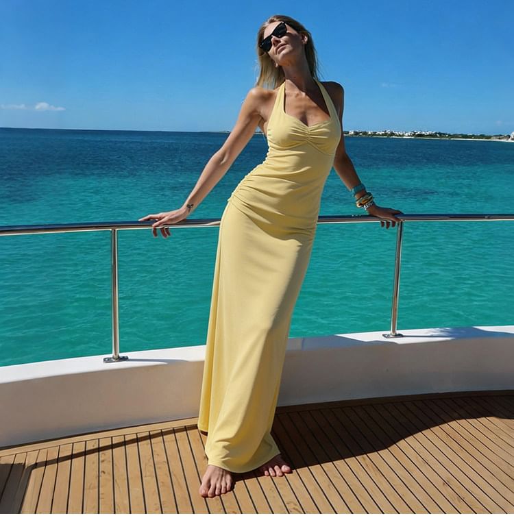 Halter V-Neck Plain Ruched Open Back Maxi Bodycon Dress
