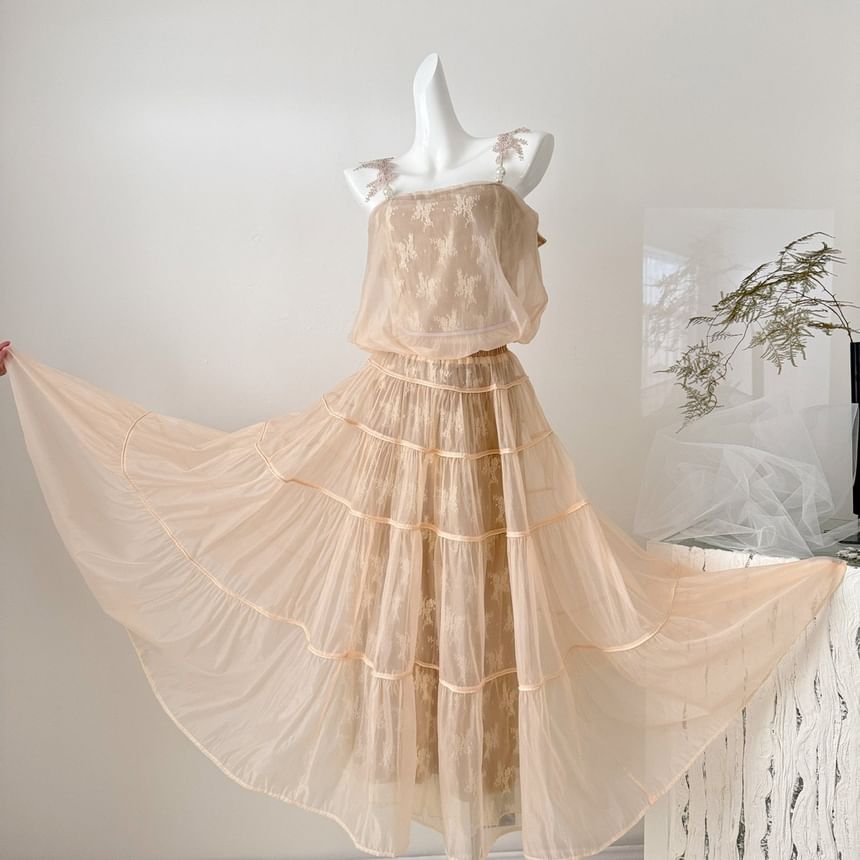 Set: Lace Crop Camisole Top + High Waist Maxi A-Line Skirt