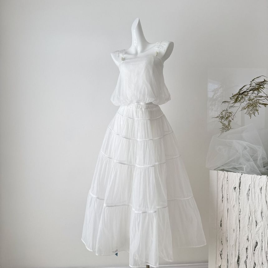 Set: Lace Crop Camisole Top + High Waist Maxi A-Line Skirt