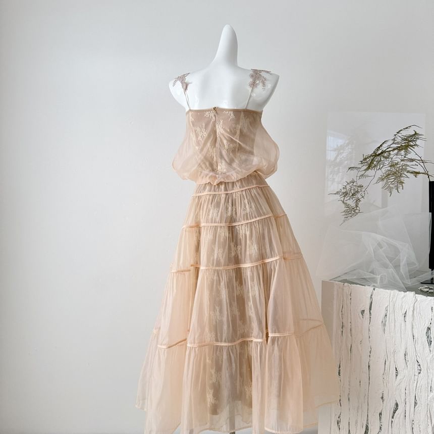 Set: Lace Crop Camisole Top + High Waist Maxi A-Line Skirt