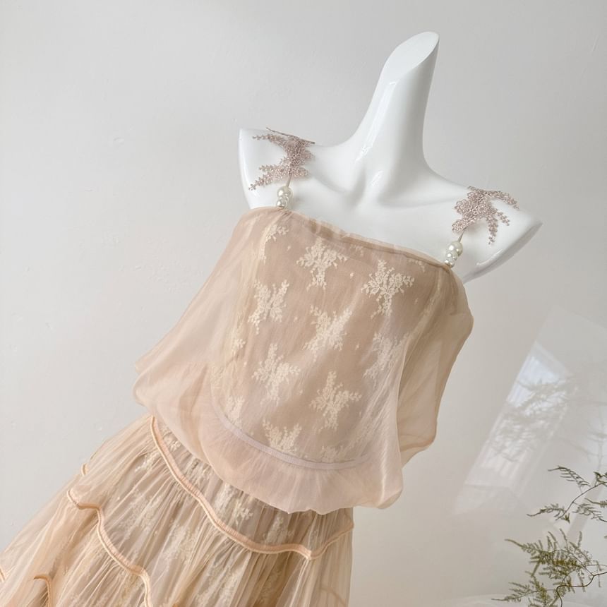 Set: Lace Crop Camisole Top + High Waist Maxi A-Line Skirt
