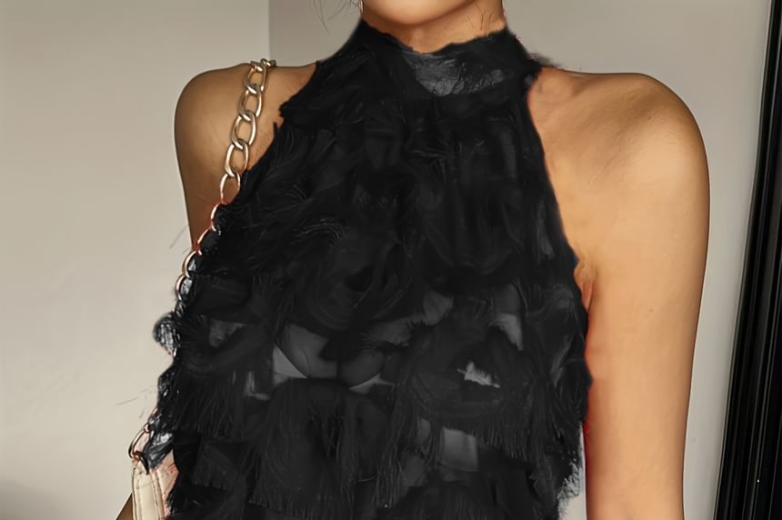 Sleeveless Halter Neck Fringe Trim Top Plain