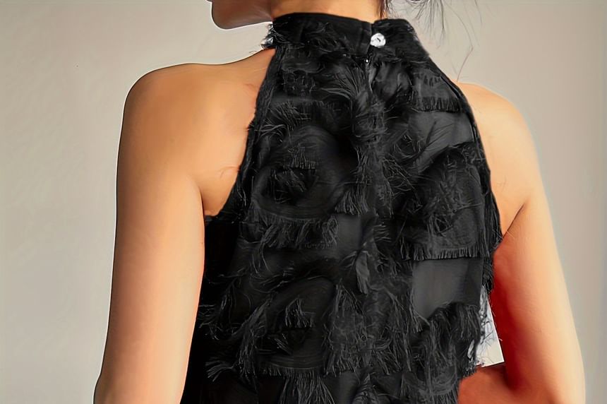 Sleeveless Halter Neck Fringe Trim Top Plain