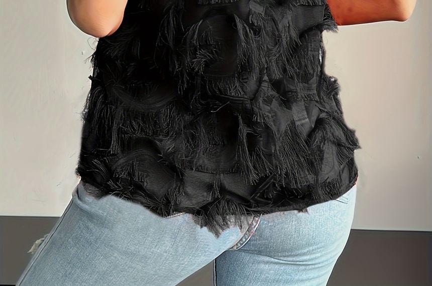 Sleeveless Halter Neck Fringe Trim Top Plain