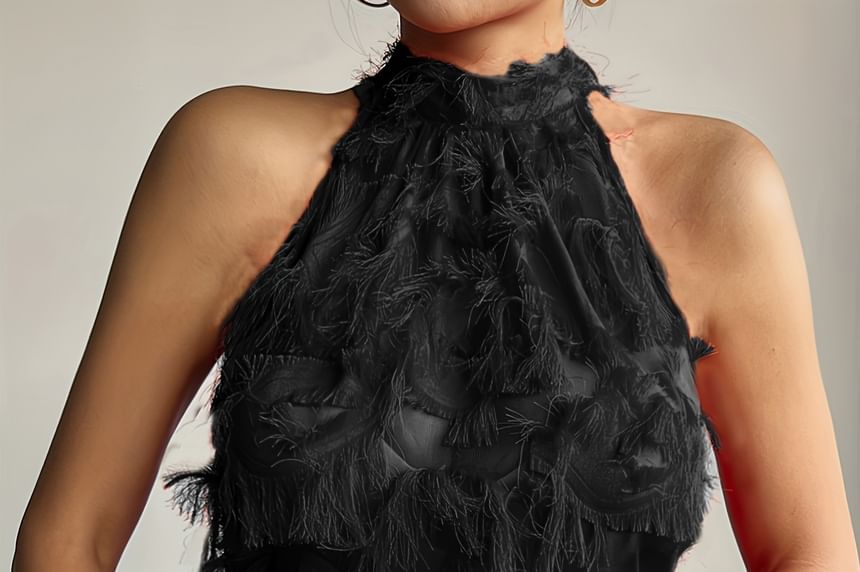 Sleeveless Halter Neck Fringe Trim Top Plain