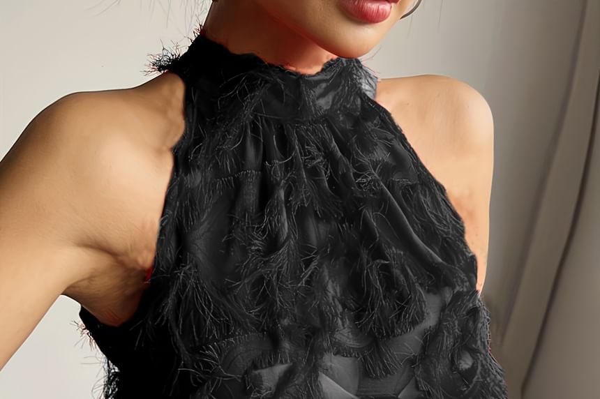 Sleeveless Halter Neck Fringe Trim Top Plain