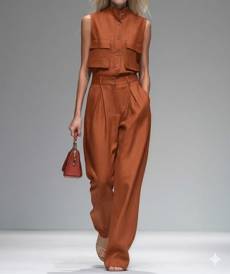 Sleeveless Stand Collar Button Top with Pleated Wide Leg Pants Set
