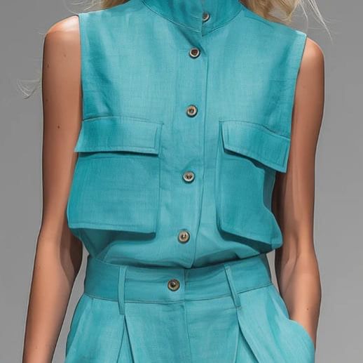 Sleeveless Stand Collar Button Top with Pleated Wide Leg Pants Set