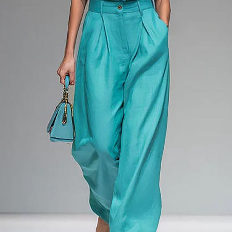 Sleeveless Stand Collar Button Top with Pleated Wide Leg Pants Set