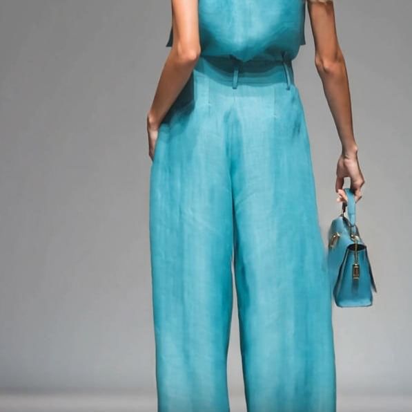 Sleeveless Stand Collar Button Top with Pleated Wide Leg Pants Set