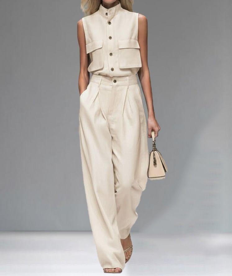Sleeveless Stand Collar Button Top with Pleated Wide Leg Pants Set