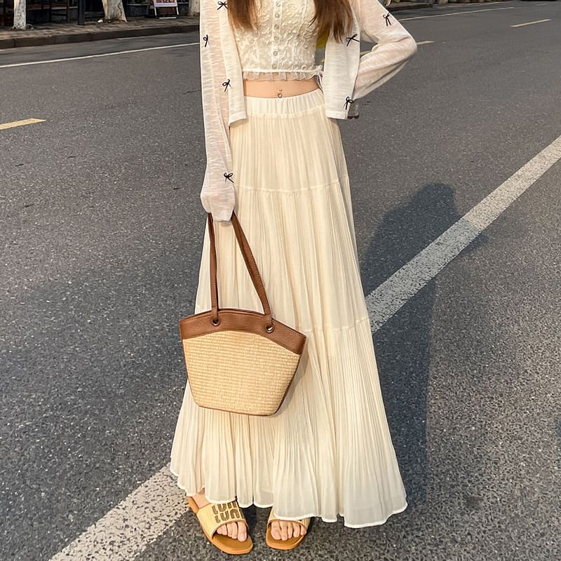 Elastic Waist Plain Tiered Chiffon Maxi A-Line Skirt