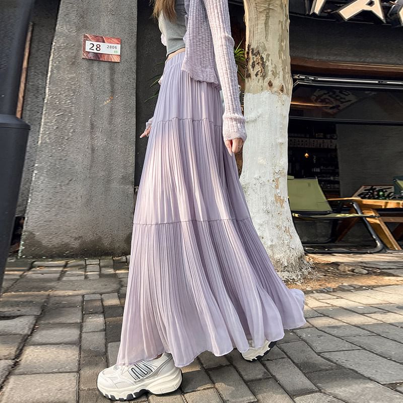 Elastic Waist Plain Tiered Chiffon Maxi A-Line Skirt