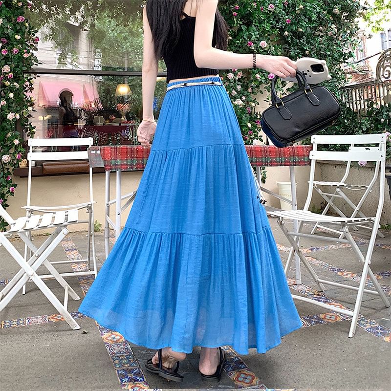 Elastic Waist Plain Tiered Maxi A-Line Skirt