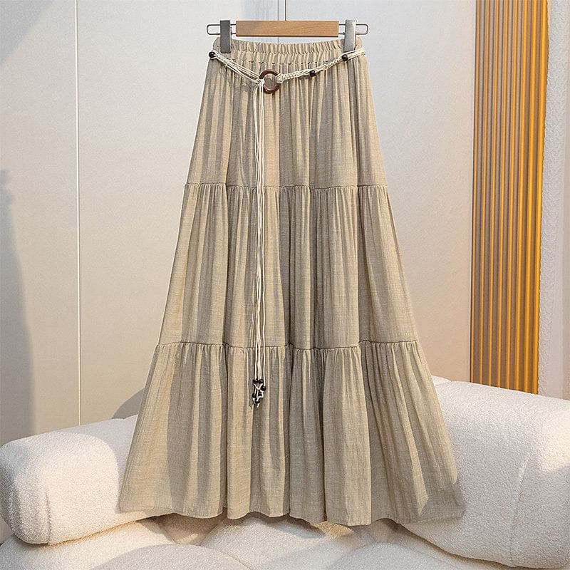 Elastic Waist Plain Tiered Maxi A-Line Skirt