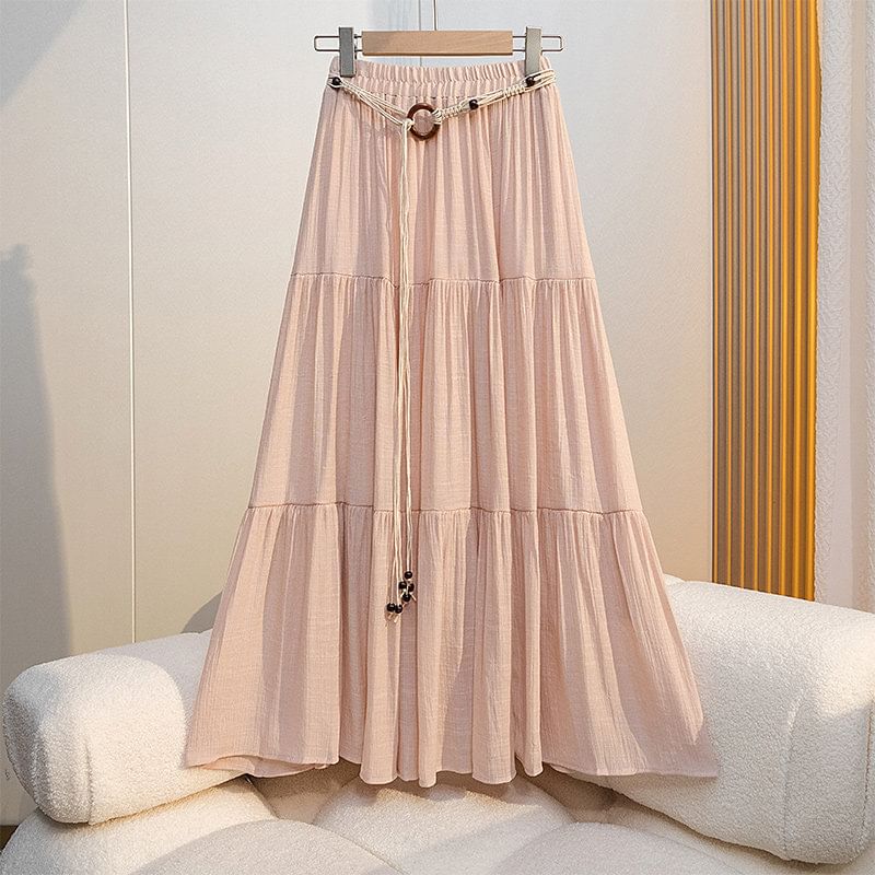 Elastic Waist Plain Tiered Maxi A-Line Skirt