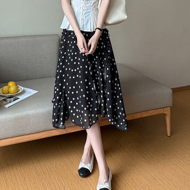 High Waist Dotted Asymmetrical Midi A-Line Skirt