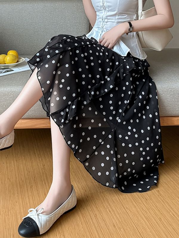High Waist Dotted Asymmetrical Midi A-Line Skirt