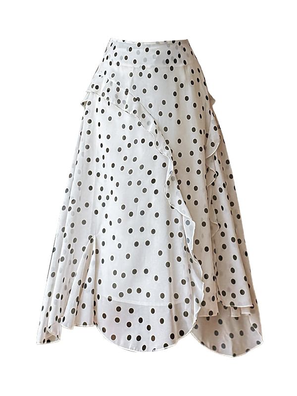 High Waist Dotted Asymmetrical Midi A-Line Skirt