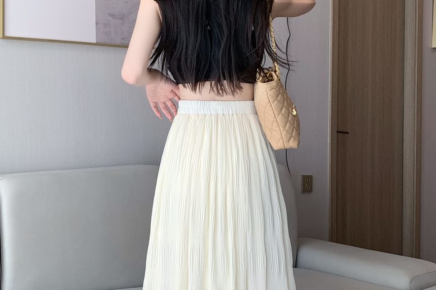 Elastic Waist Plain Midi A-Line Skirt