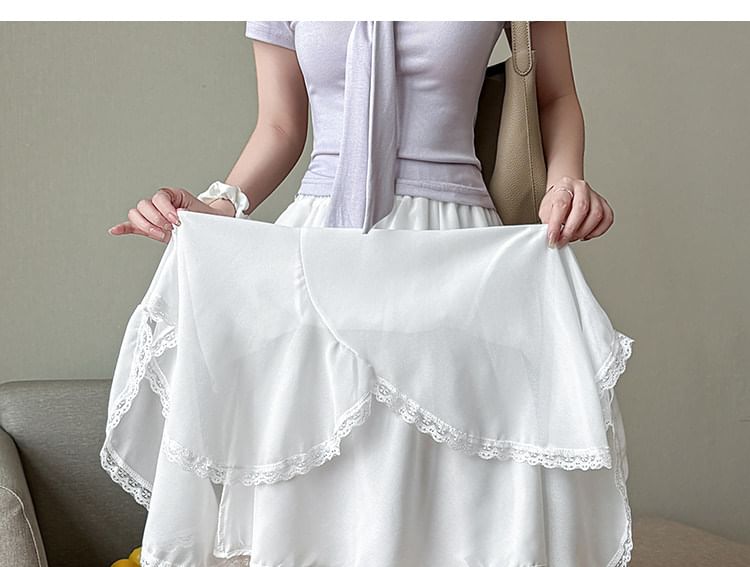 High Waist Plain Asymmetrical Lace Trim Midi A-Line Skirt