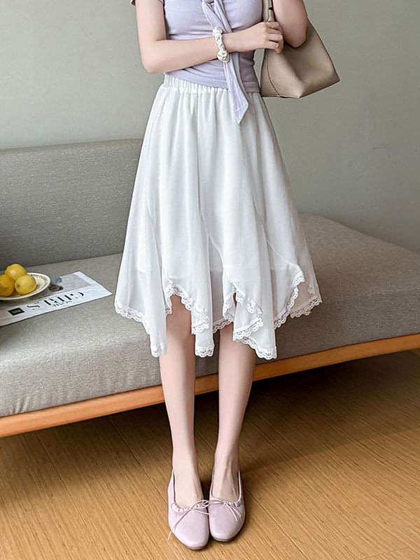 High Waist Plain Asymmetrical Lace Trim Midi A-Line Skirt