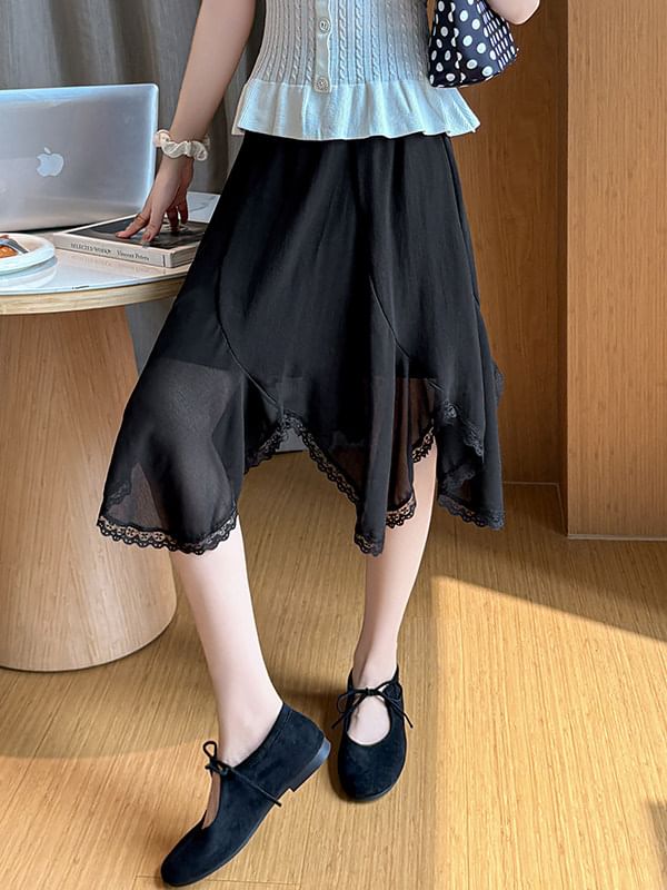 High Waist Plain Asymmetrical Lace Trim Midi A-Line Skirt