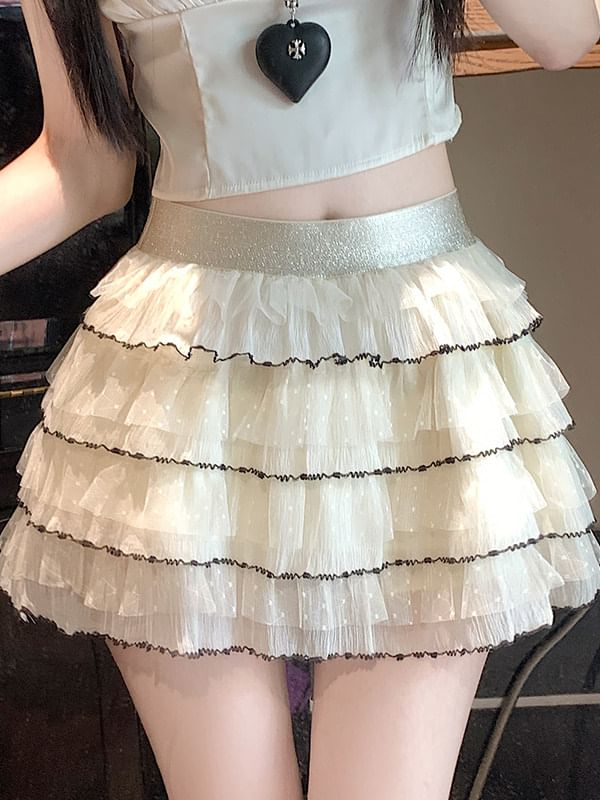 High Waist Contrast Trim Tiered Mesh Mini A-Line Skirt