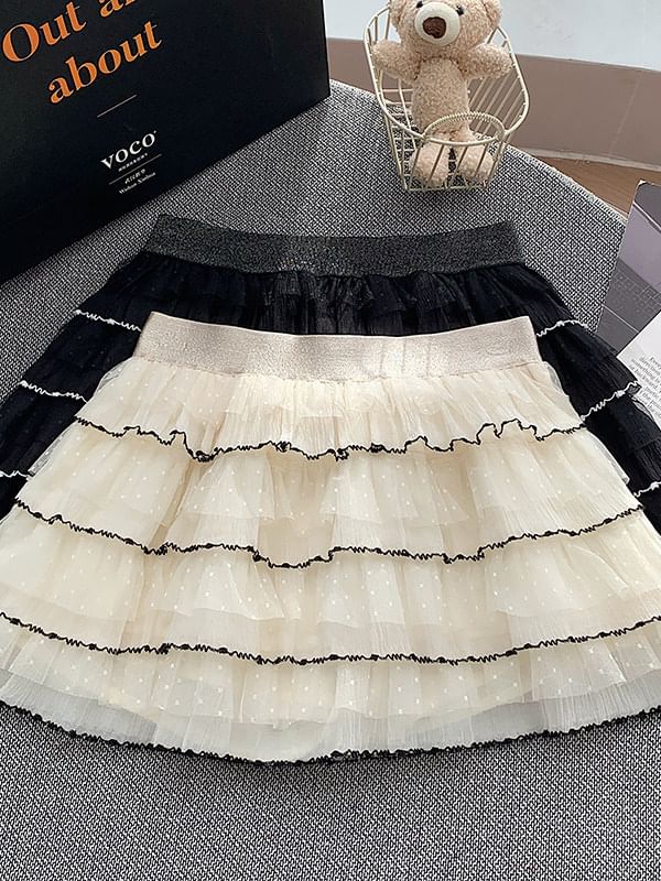 High Waist Contrast Trim Tiered Mesh Mini A-Line Skirt