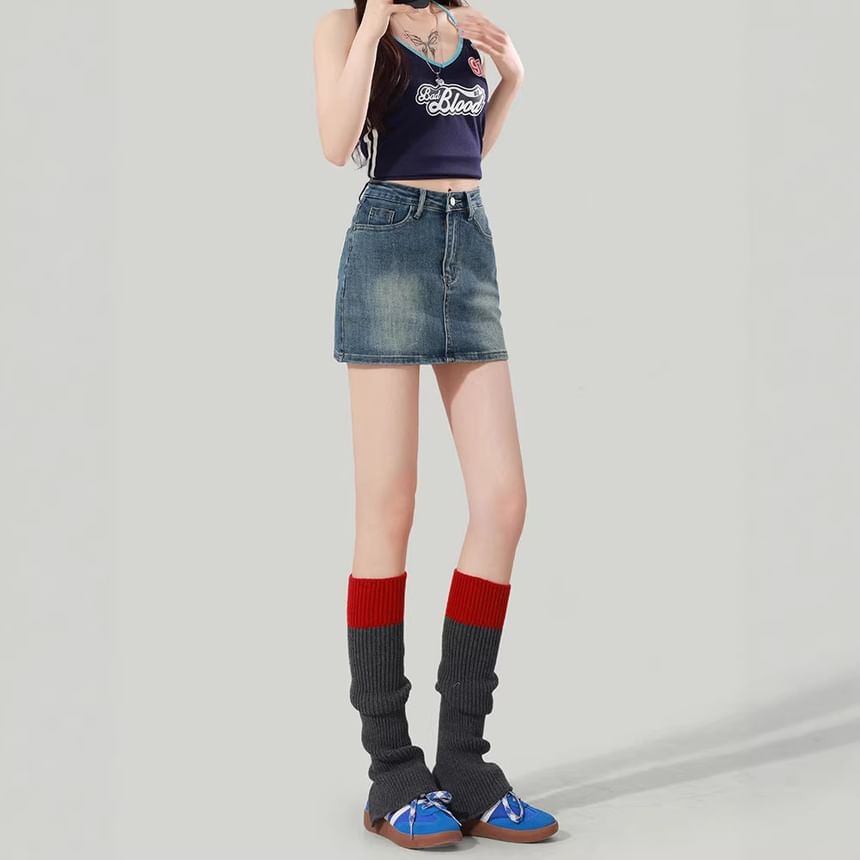 High Waist Washed Denim Mini Pencil Skirt