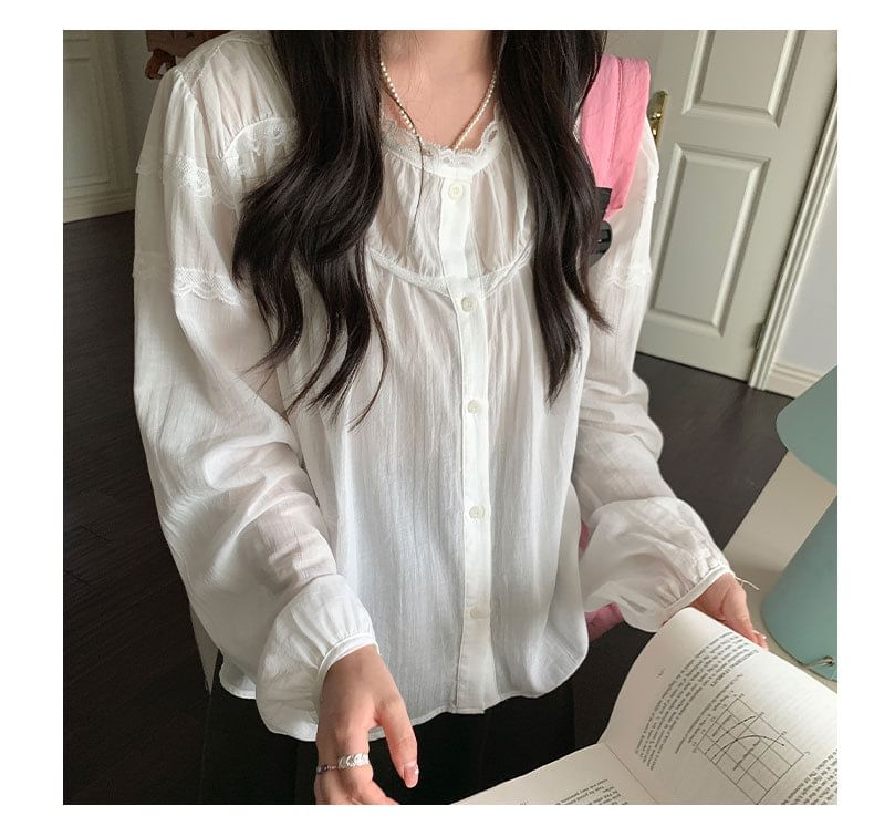 Long Sleeve Lace Trim Button-Up Sheer Blouse