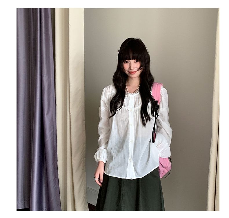 Long Sleeve Lace Trim Button-Up Sheer Blouse