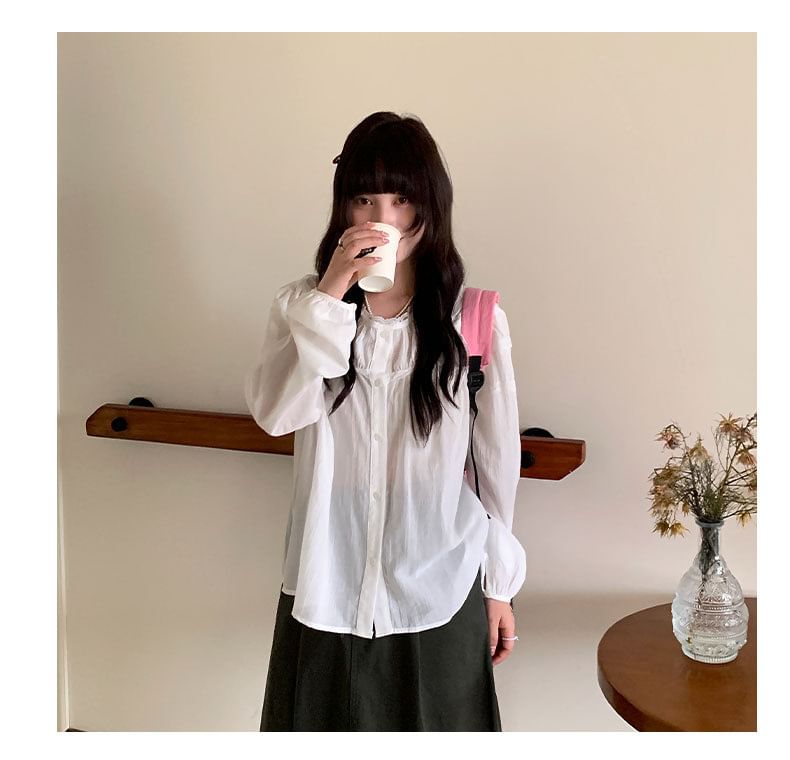 Long Sleeve Lace Trim Button-Up Sheer Blouse