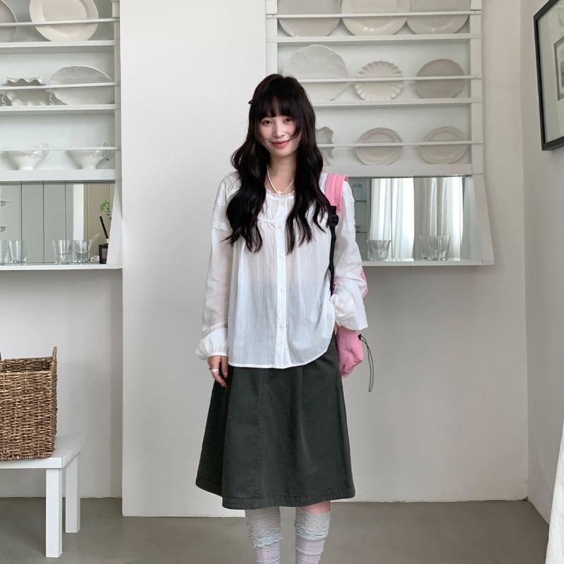 Long Sleeve Lace Trim Button-Up Sheer Blouse