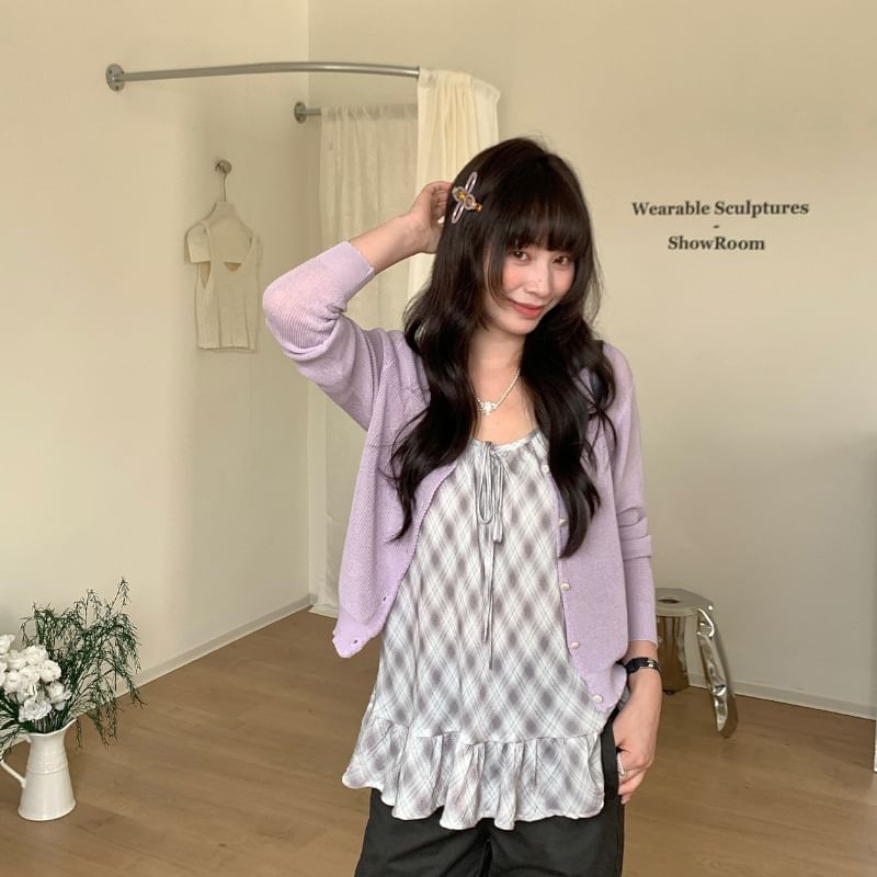 Plaid Scoop Neck Camisole with Ruffle Hem and Front Tie