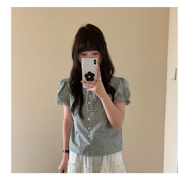 Plaid Puff-Sleeve Blouse with Tie Neck and Buttons