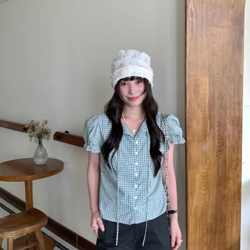 Plaid Puff-Sleeve Blouse with Tie Neck and Buttons