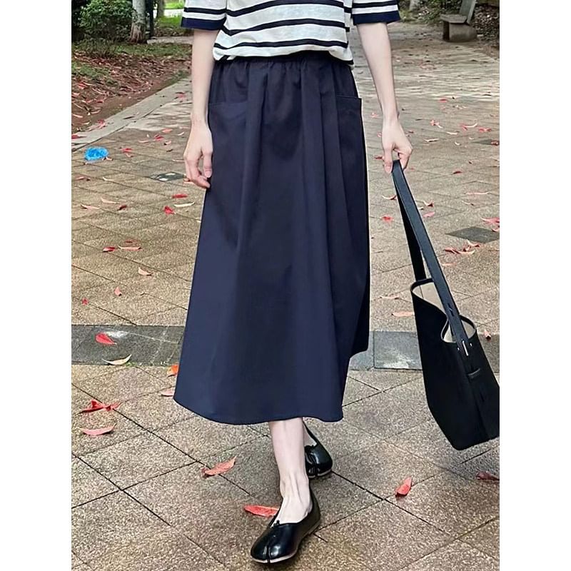 High Waist Plain Midi A-Line Skirt