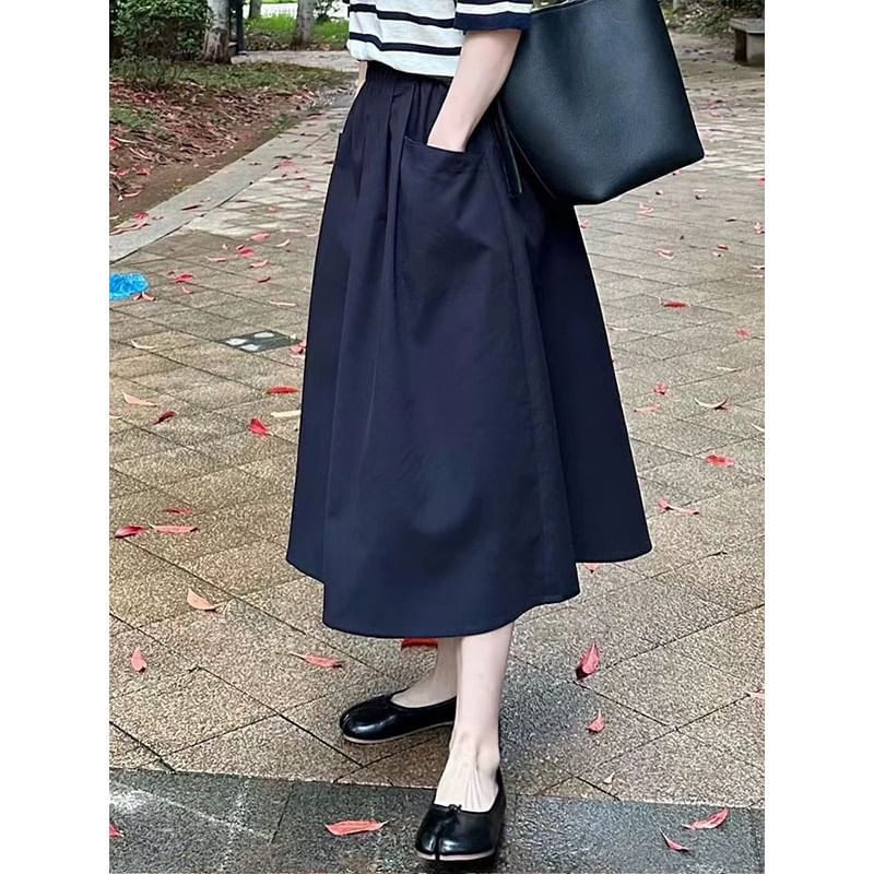 High Waist Plain Midi A-Line Skirt