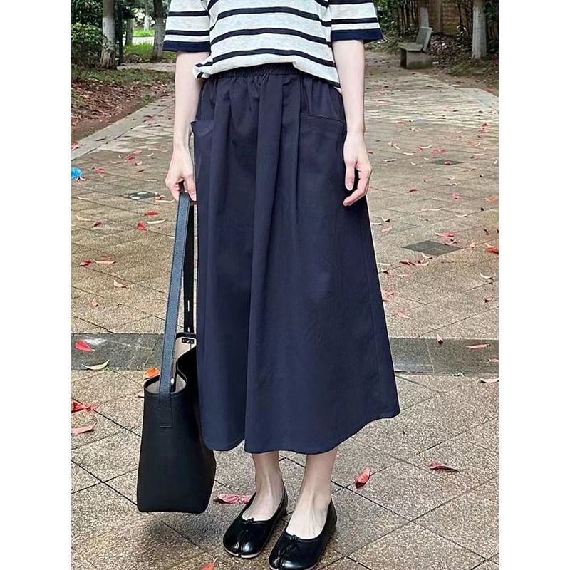 High Waist Plain Midi A-Line Skirt