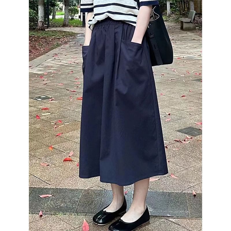 High Waist Plain Midi A-Line Skirt