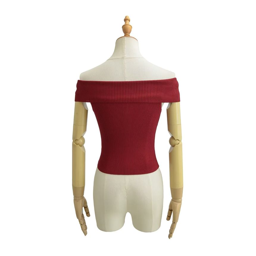 Off-Shoulder Ribbed Knit Tee with Short Sleeves