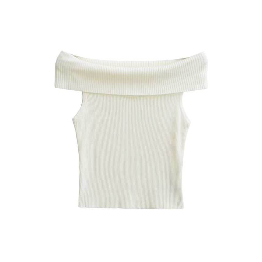 Off-Shoulder Ribbed Knit Tee with Short Sleeves